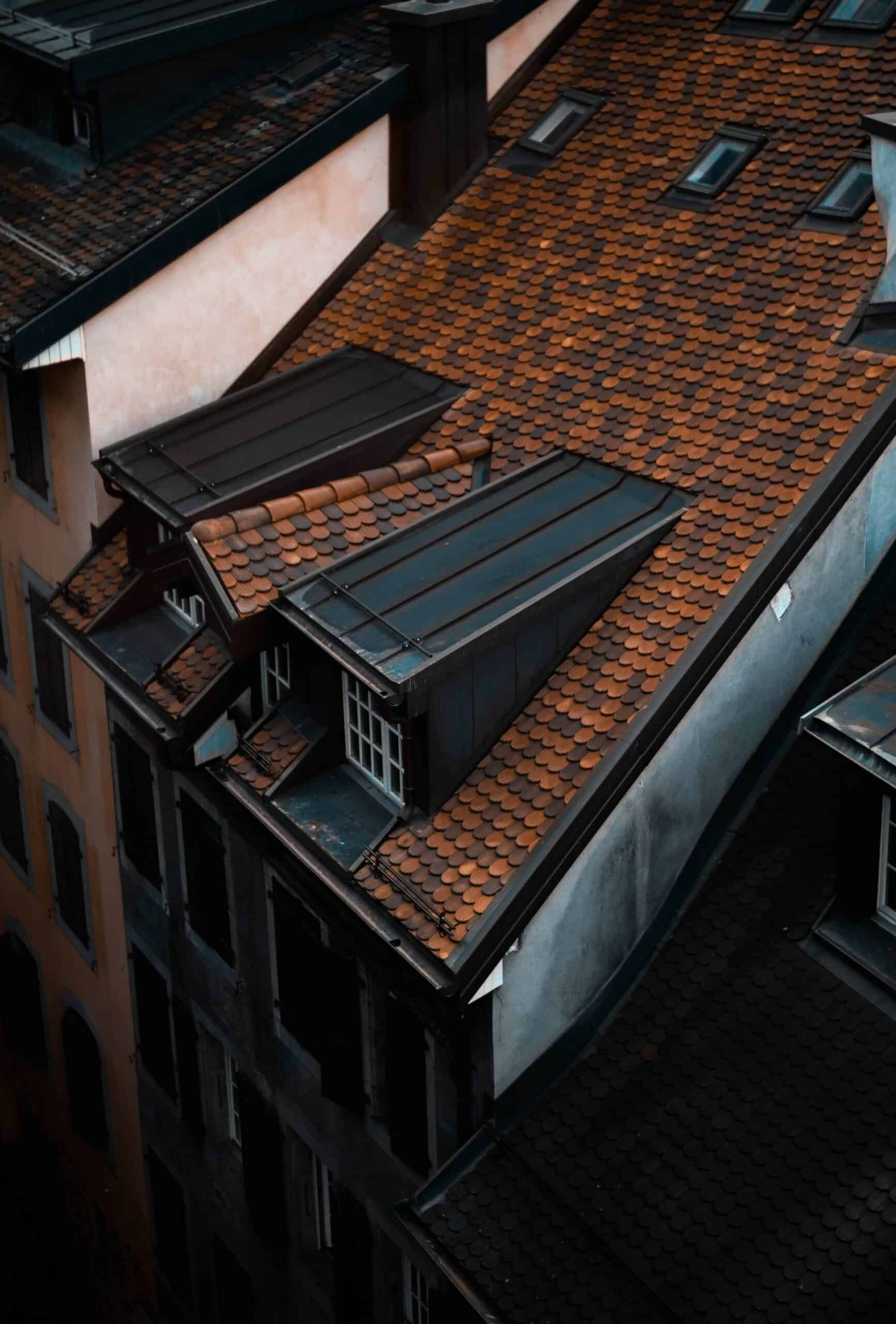 a picture of a house roofs with dark tones in the photo