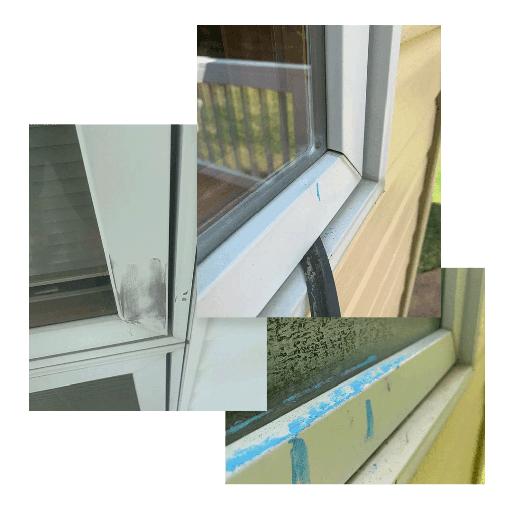Three photos showcasing damaged Omaha home windows.