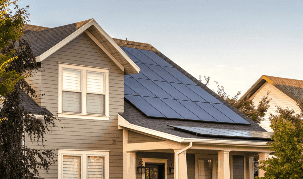 An Omaha home with solar panels on the roof and grey vinyl siding.
