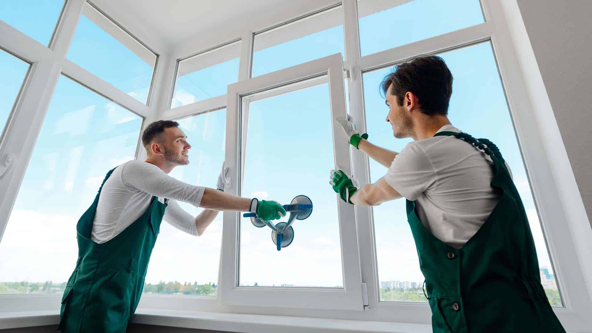 Two professional contractors installing a window in an Omaha home.