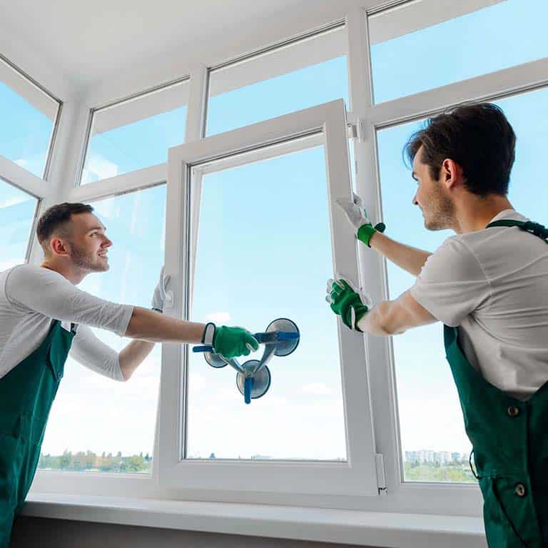 picture of 2 guys putting a windows in place