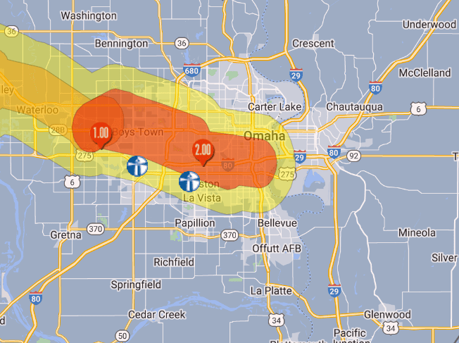 Hail map showing areas of Omaha that were impacted by recent hail storm