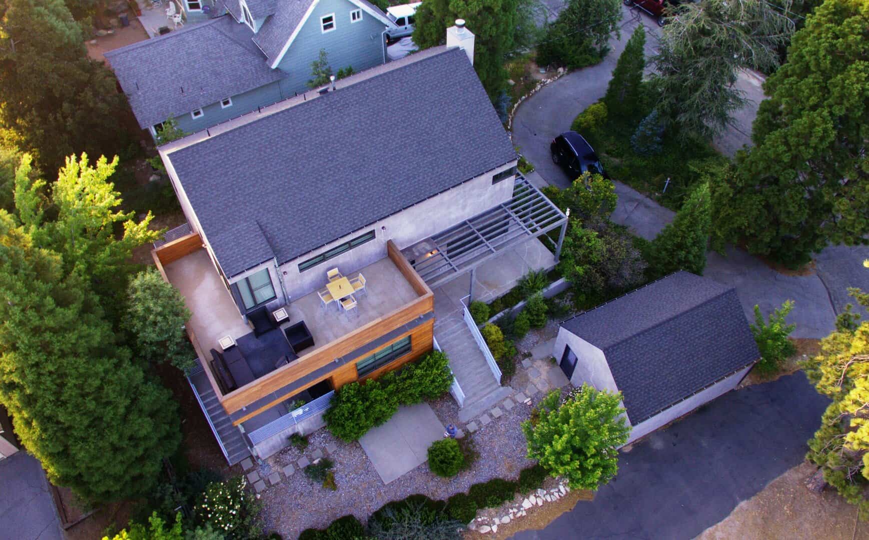 Drone shot of Des Moines Roof after roof replacement from Des moines ia roofing company
