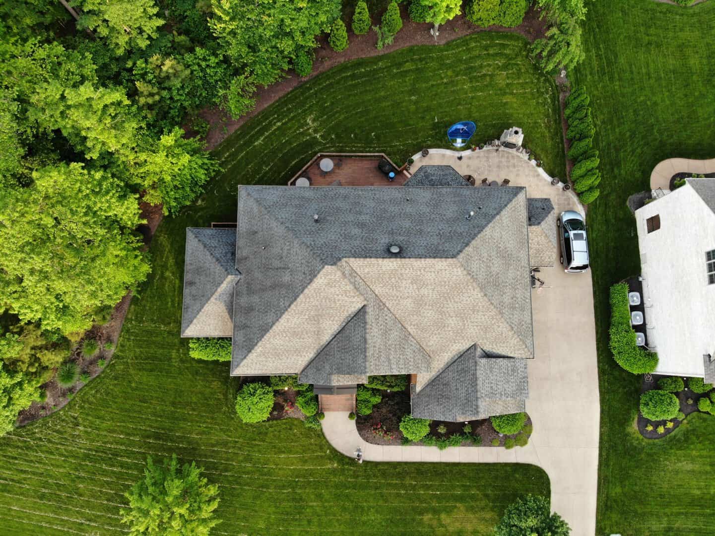 An overhead view of an Omaha home with an asphalt shingle roof.